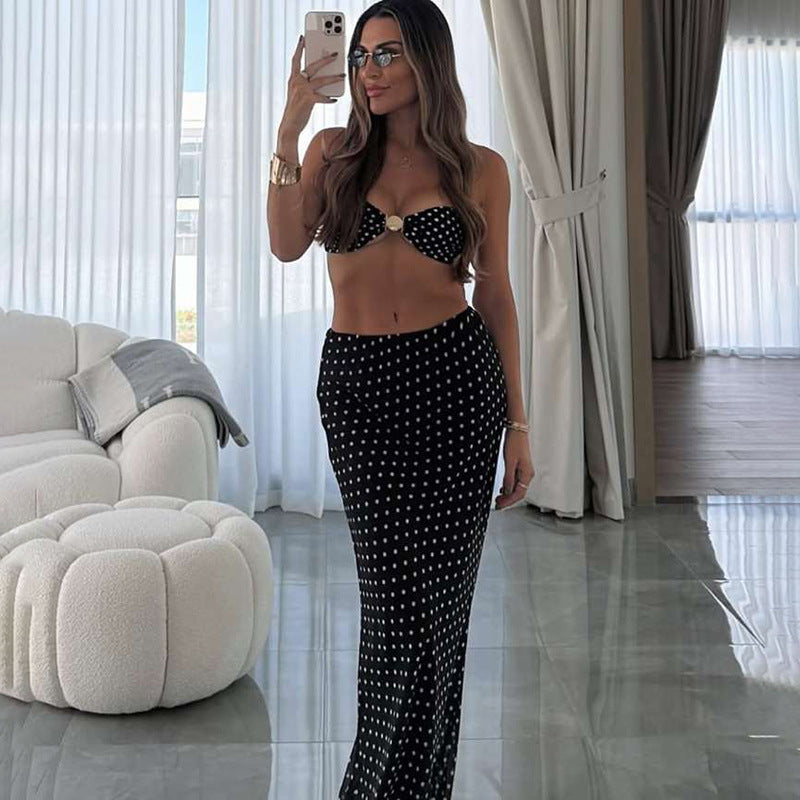 Women Clothing Spring Summer Sexy Polka Dot Tube Top Vest Slim Fit Sheath Mesh Skirt Two Piece Set