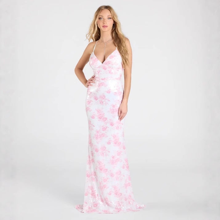 Women Clothing Party Floral Pink Sequin Sexy Dress Dress Evening Dress