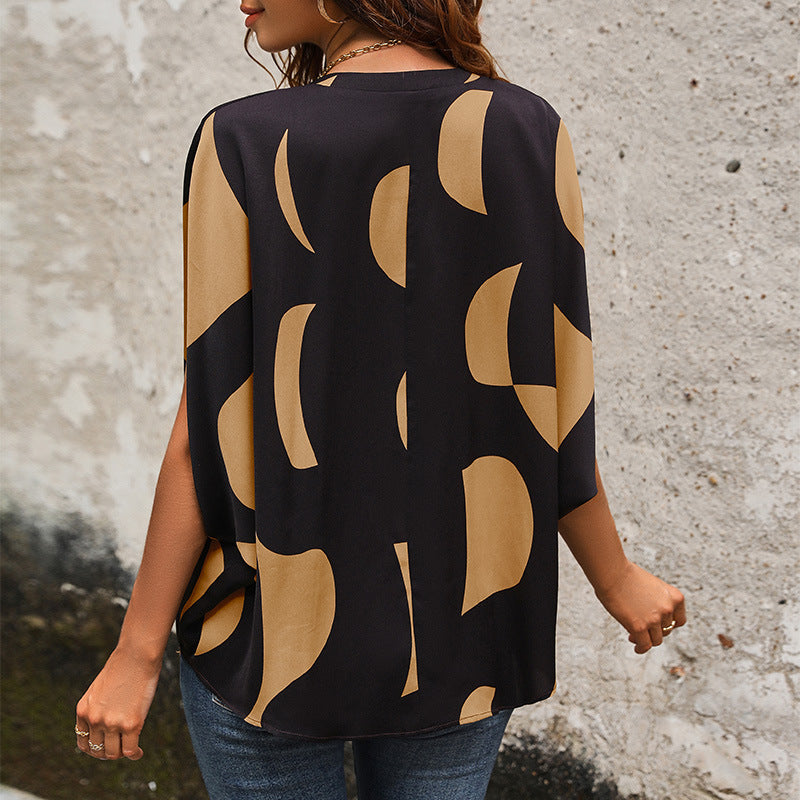 Summer Women Clothing Short Sleeve Pullover V neck Printed Shirt