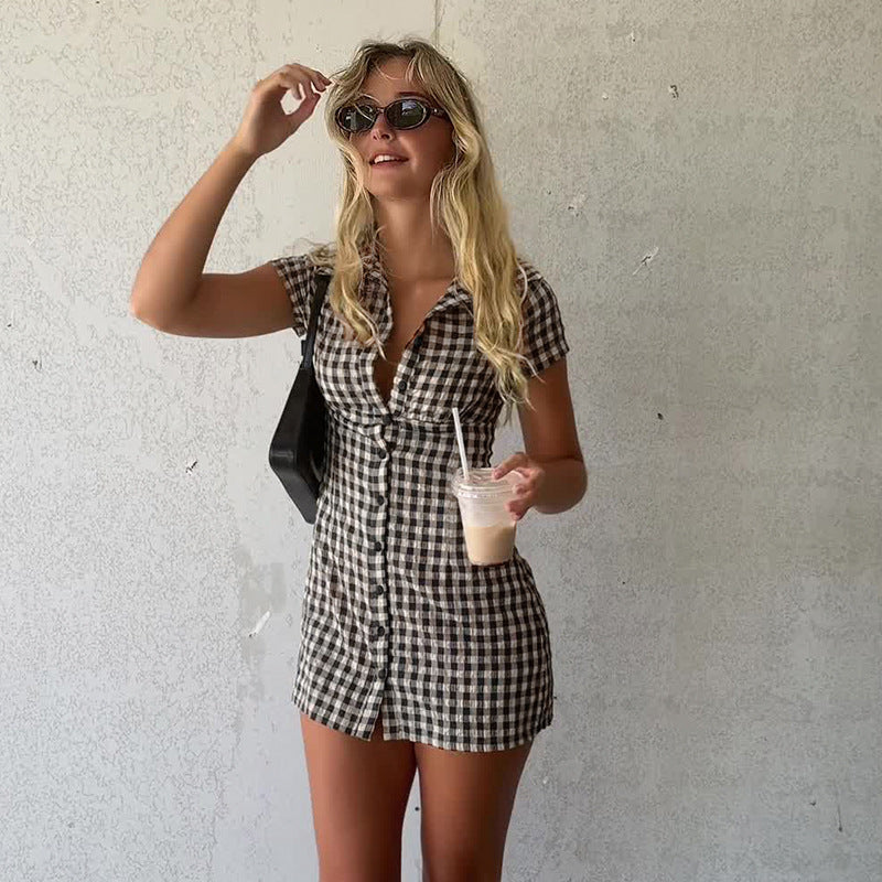 Women Plaid Smocking Waist Trimming Shirt Dress Slimming Breasted