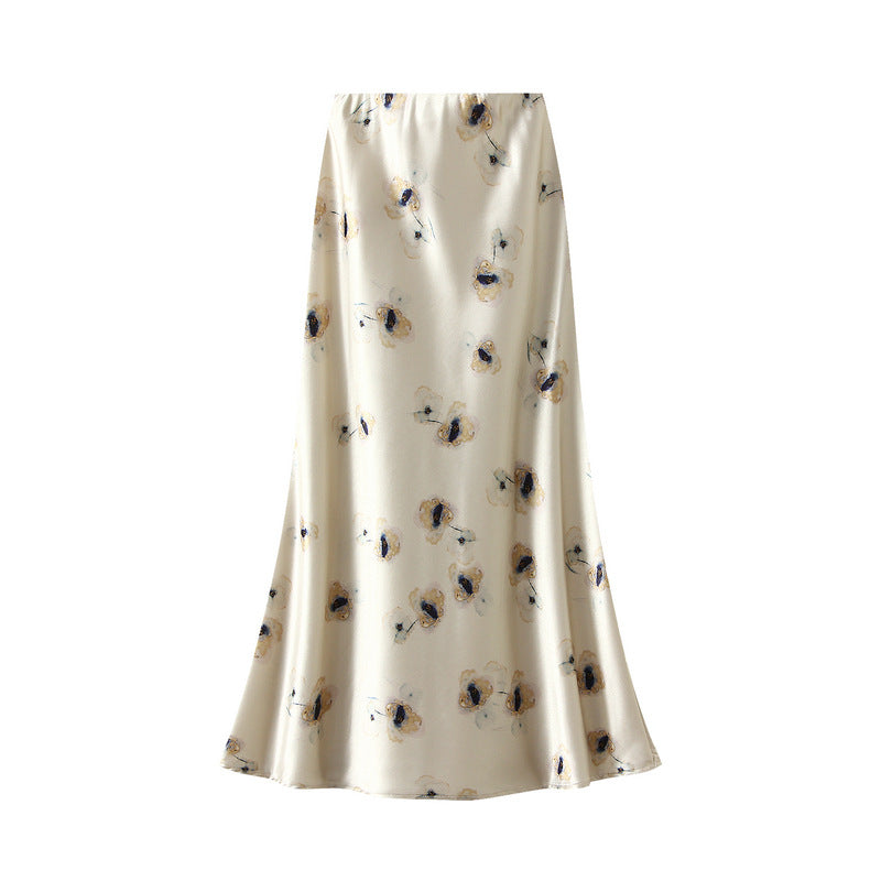 High Grade Satin Skirt Women Summer Printed Fishtail Skirt Slim Fit Mid Length Dress