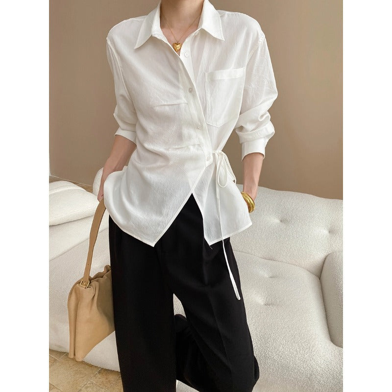 Intelligent Office Feeling Lysel Tencel Irregular Asymmetric Lace up Waist Controlled Slimming Long Sleeve Shirt