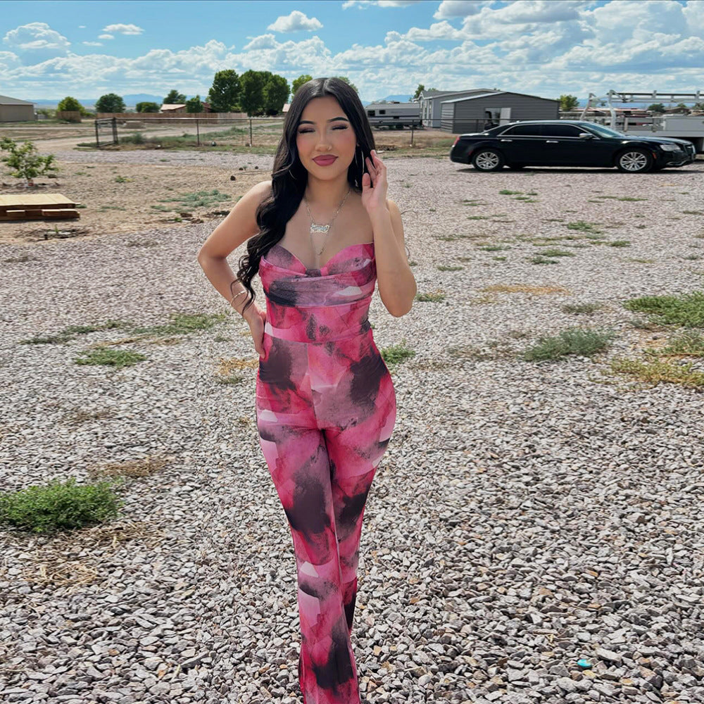 Women Clothing Autumn Mesh Floral Print Backless Sexy Suspenders Jumpsuit