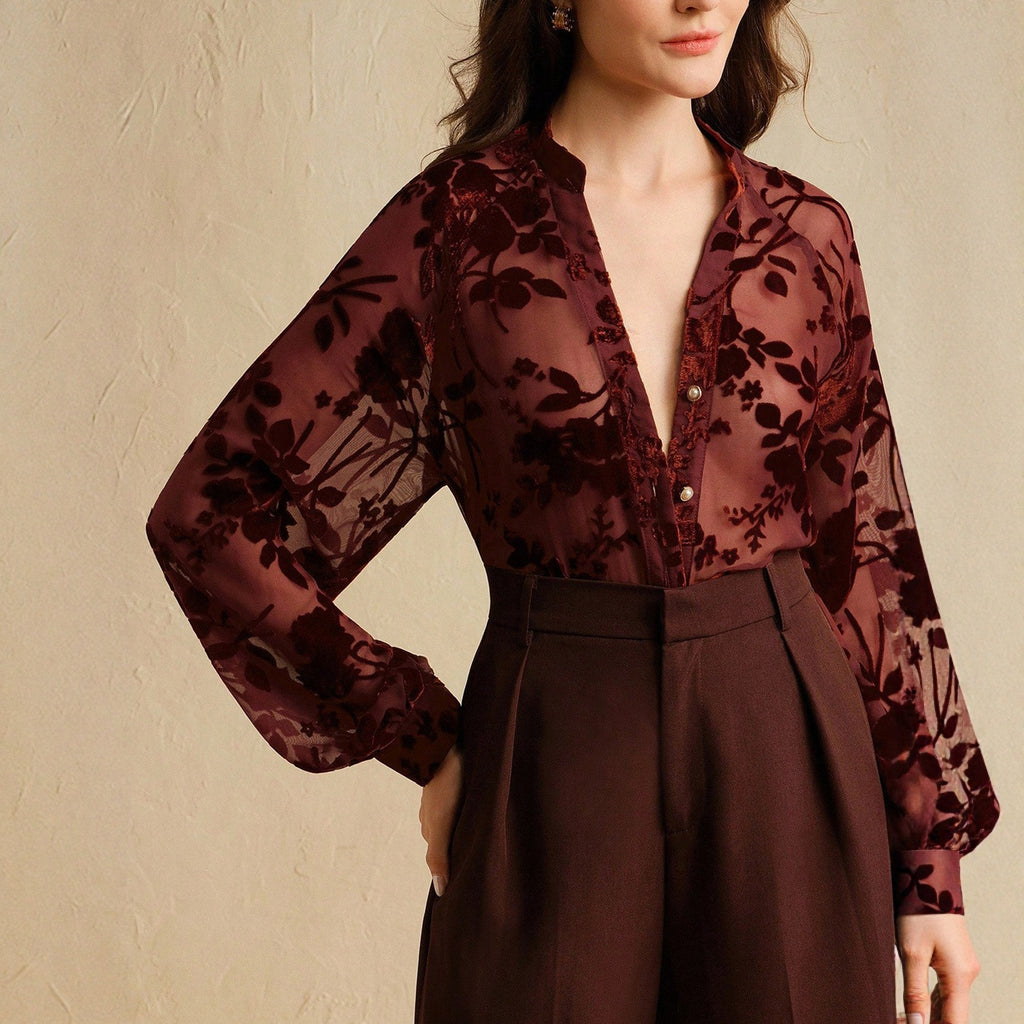 Vêtements d'automne pour femmes - Chemise élégante en Tencel floqué à manches longues