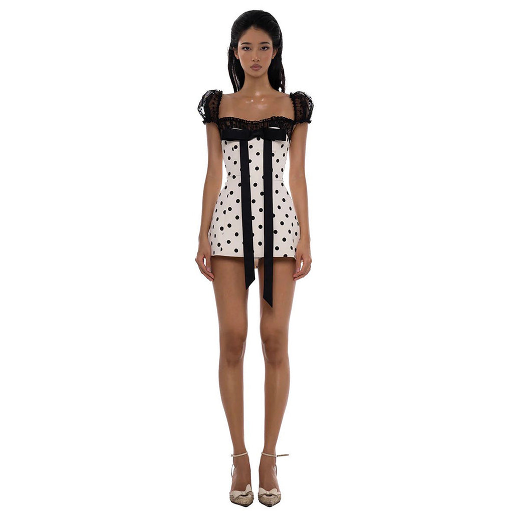 Summer Women Bow Polka Dot Short Sexy Lace Stitching Tight Waist Hip Dress