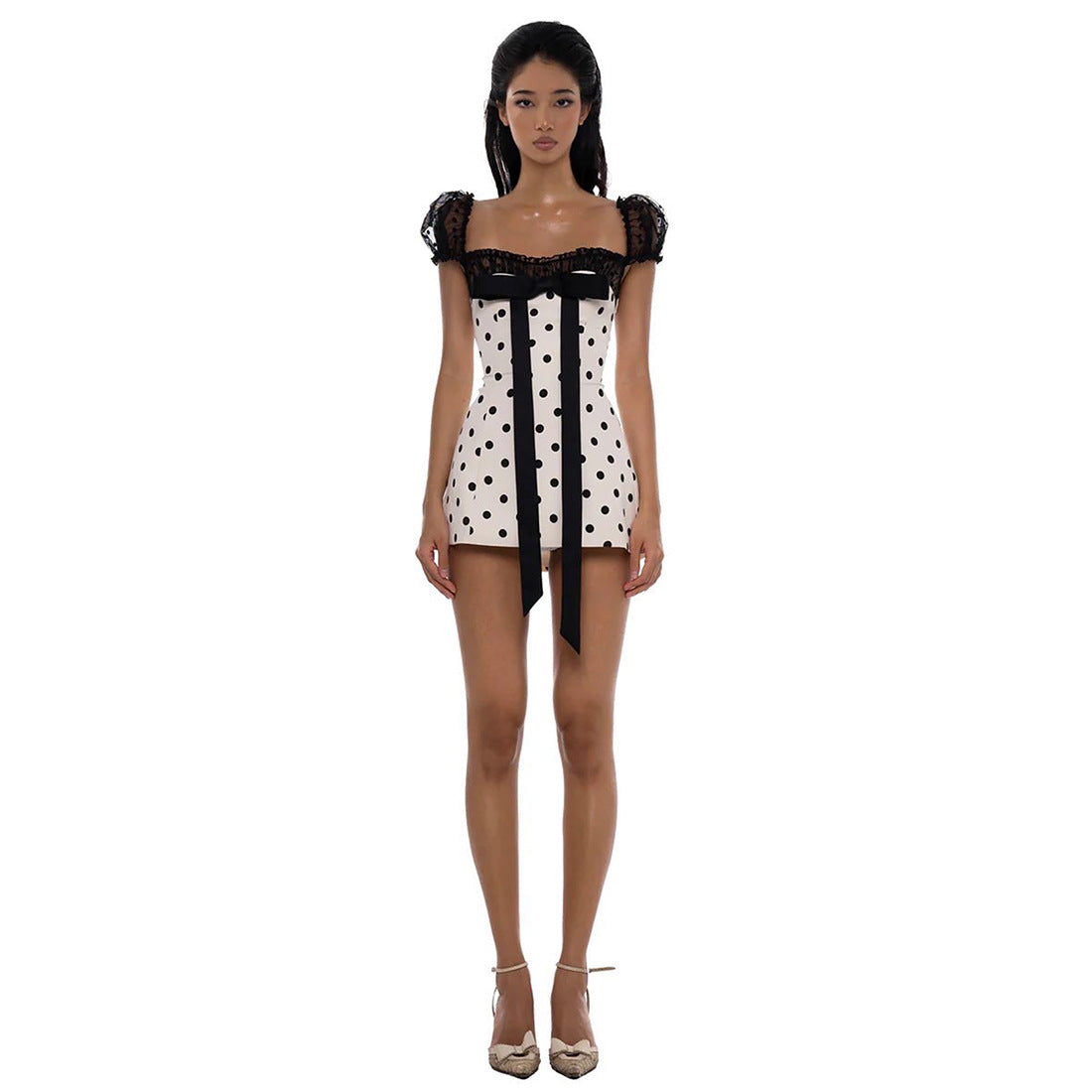 Summer Women Bow Polka Dot Short Sexy Lace Stitching Tight Waist Hip Dress