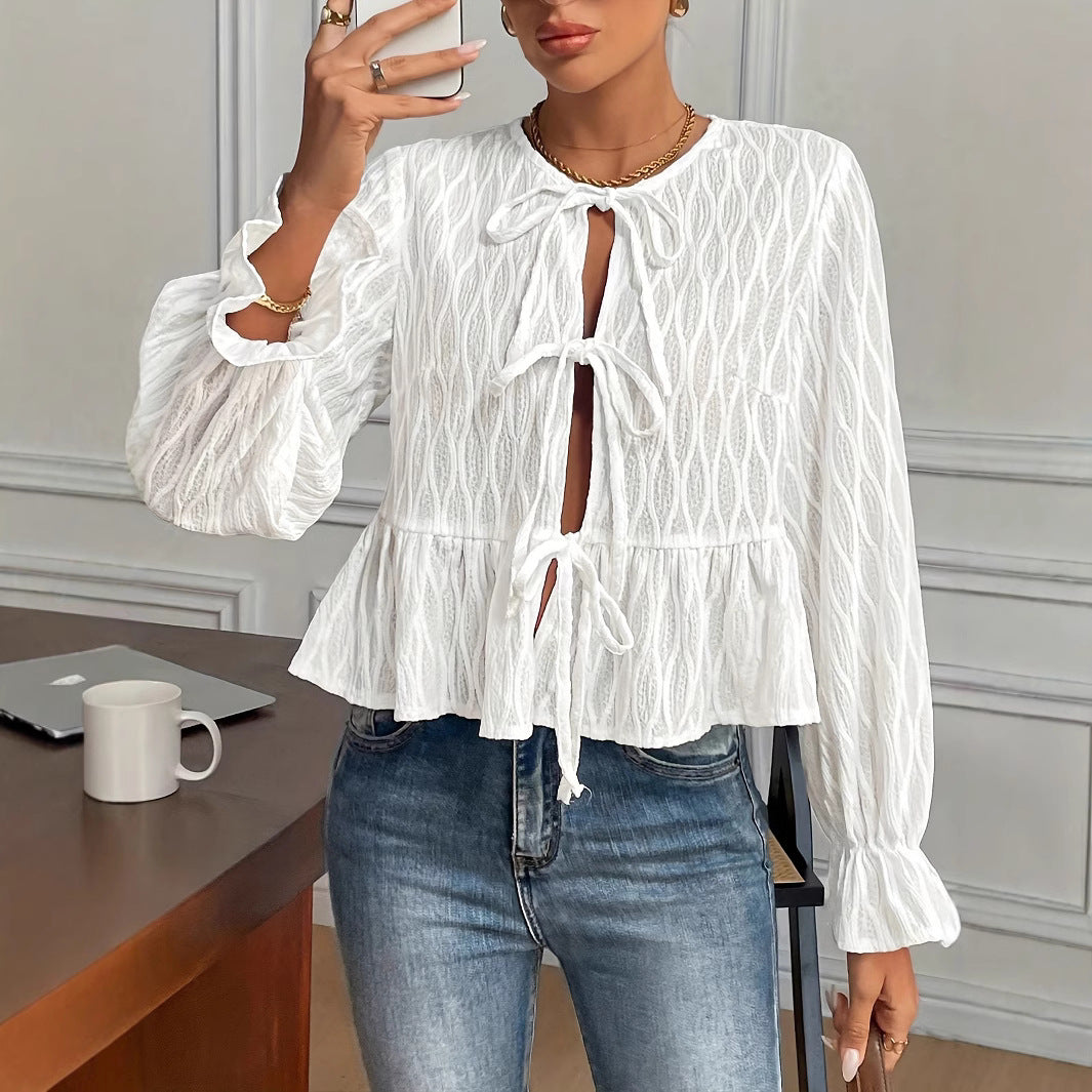 Popular Long Sleeved Lace up Casual Women Tops