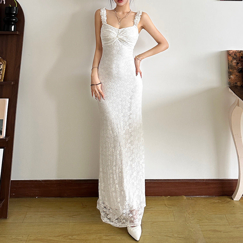 Fall Women Clothing Suspenders Maxi Dress High Waist Sexy Slim Solid Color Dress