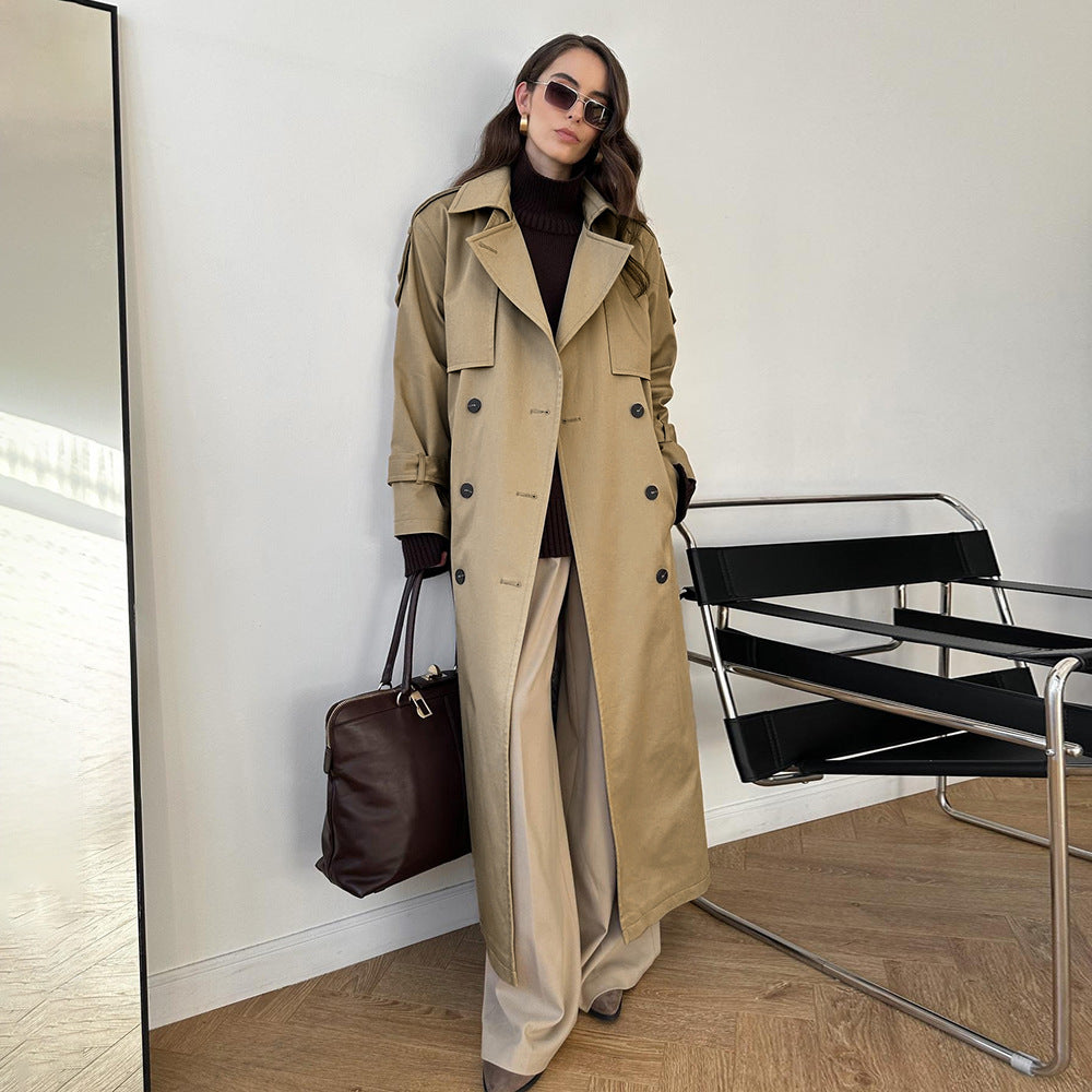 Extended Trench Coat Autumn Winter Pure Cotton Retro Baggy Coat Lace up Waist Trimming Trench Coat Women