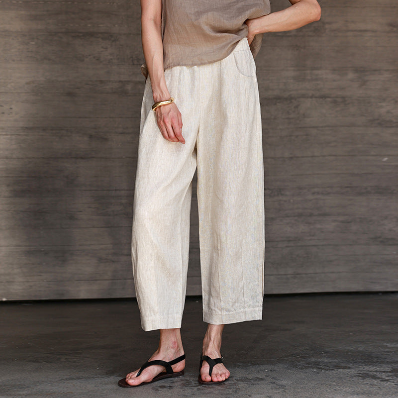 Pure Linen Cropped Pants Women Autumn Elastic Waist Radish Pants Loose Pants All Matching Slimming Straight Pants