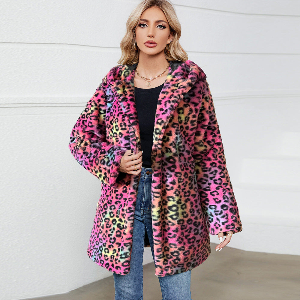 Leopard Print Faux Fur Faux Fur Hooded Autumn Winter Loose Women Clothing Coat Overcoat