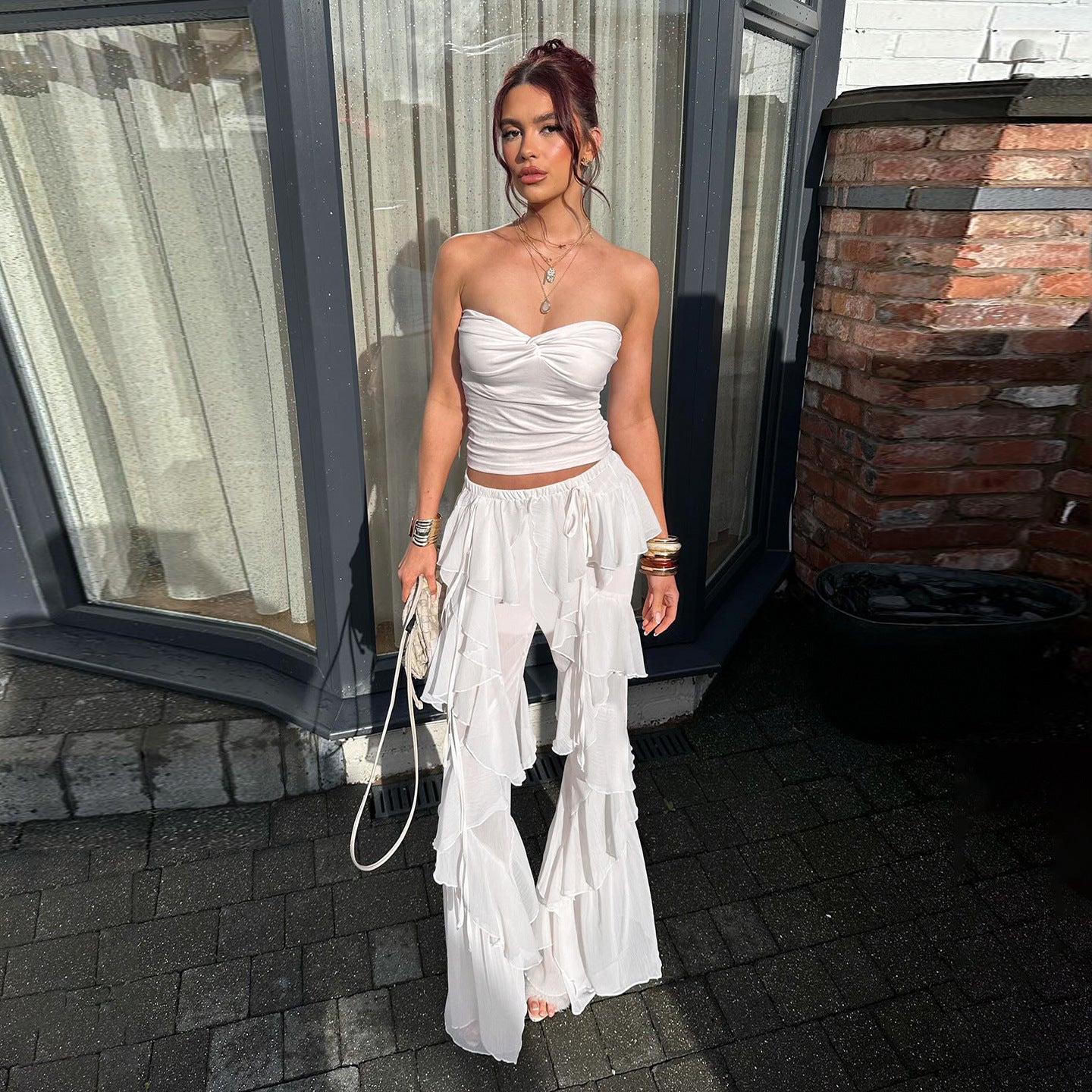 Women Clothing Ruffled Stitching Layered Mesh Trousers Sexy Cake Skinny Culottes