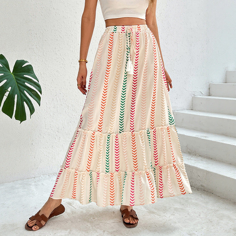 Summer Maxi Dress Contrast Color Printed Dress Elastic Bohemian Stitching Skirt