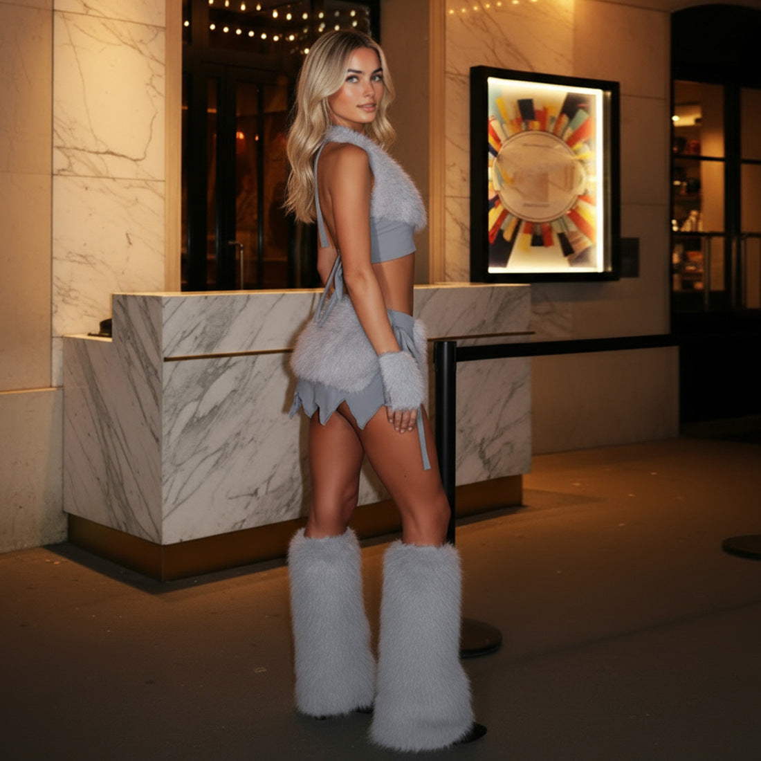 Autumn Winter Women Sexy Halter Camisole Hip Skirt Oversleeve Booties Four Piece Set for Women