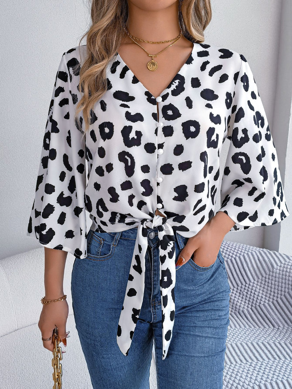 Spring Summer Casual Leopard Print Self Tie Chiffon Shirt Top Women Clothing
