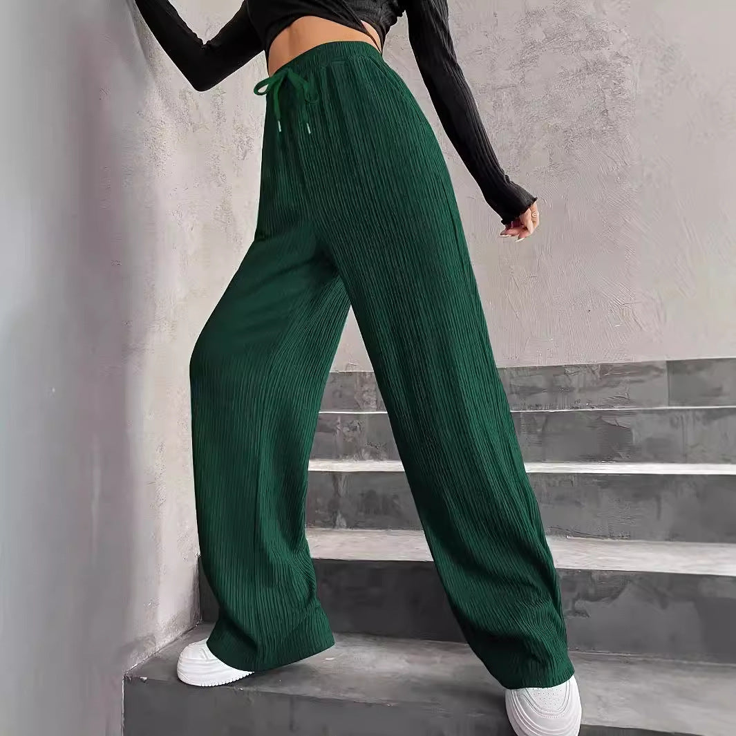 Spring Autumn Solid Color French Elastic Waist Thin Striped Road Comfortable Drawstring High Waist Drooping Wide Leg Casual Pants