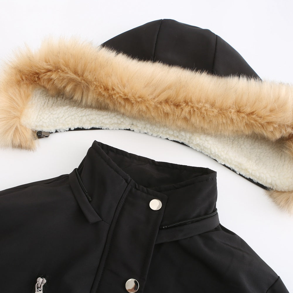 Autumn Winter Women Clothing Thick Lambskin Cotton-Padded Coat Women Loose Women Cotton Clothes Removable Hat Fleece Padded Coat