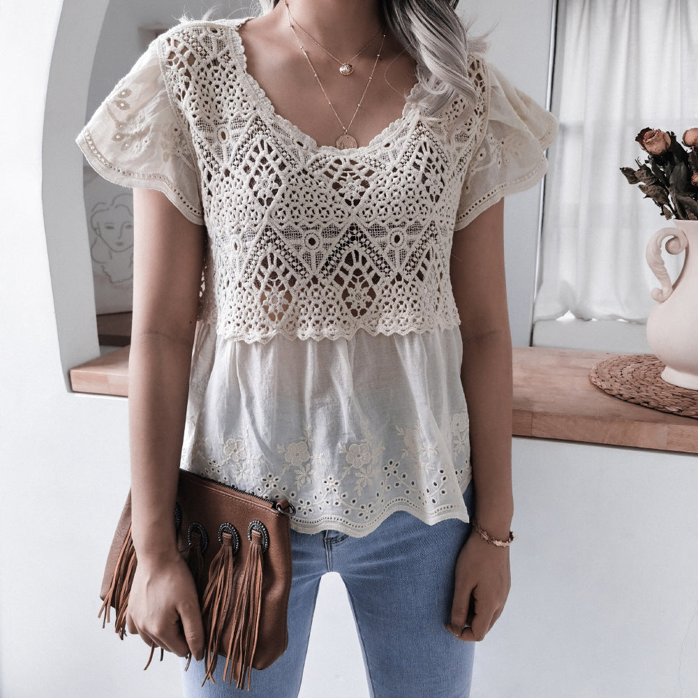 Real Shot Casual Embroidery Ruffled Short Sleeves V-neck Crocheted Hollow Out Cutout Lace Shirt Peplum Top