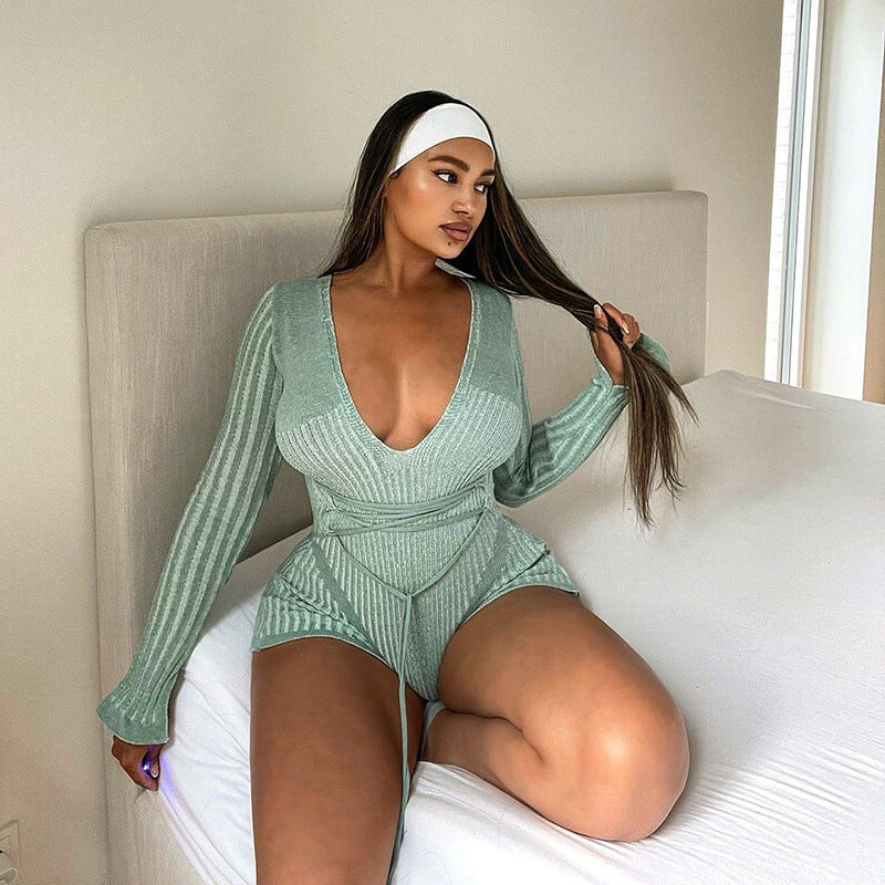 Fall Women Clothing Trend Sexy Deep V Plunge Neck Striped Contrast Color High Waist Lace Up Jumpsuit