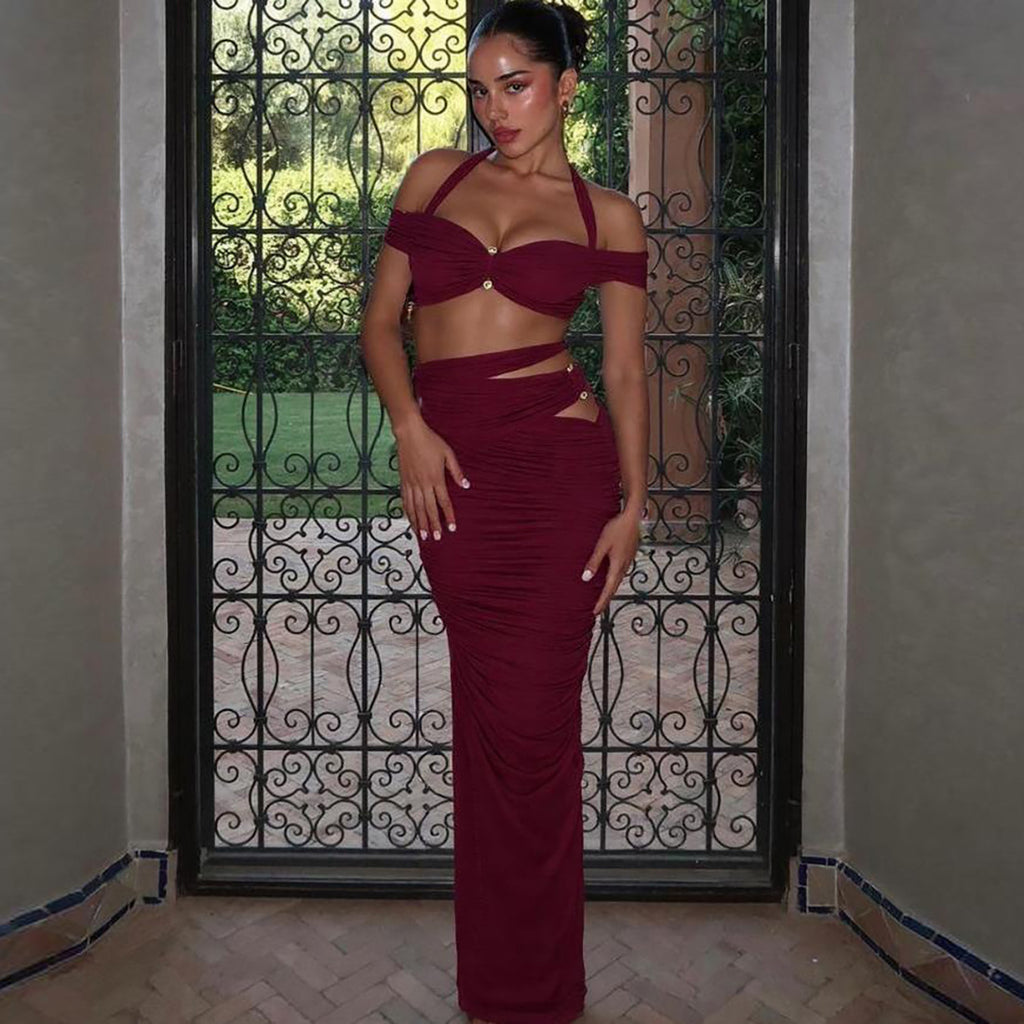 Summer Women Clothing Sexy Halter off Shoulder Spaghetti Straps Vest Slim Pleated Skirt Set