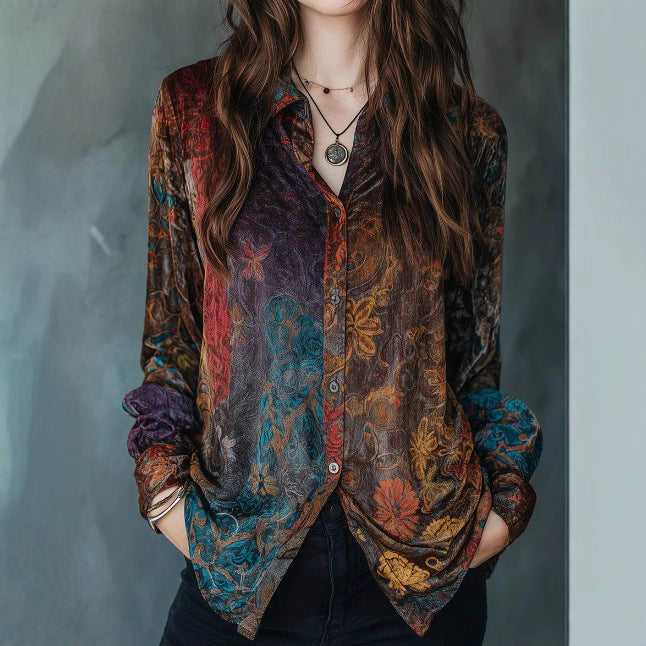 Chemise décontractée à manches longues boutonnée, imprimé floral vintage, motif peint, pour femme