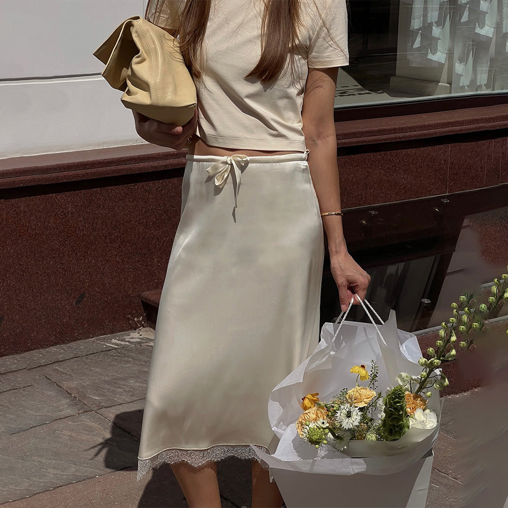 Falda de satén con costura de encaje francés, sexy, de color liso, de cintura alta y corte ajustado.