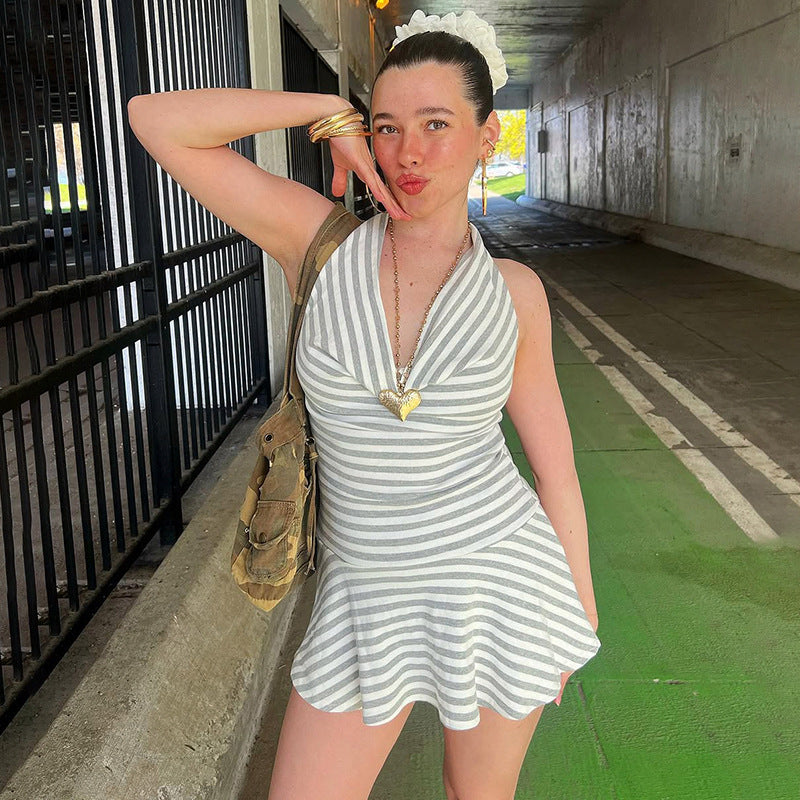 Women Clothing Striped Printed Halter Dress Swing Collar Sexy Backless Waist Trimming A line Dress