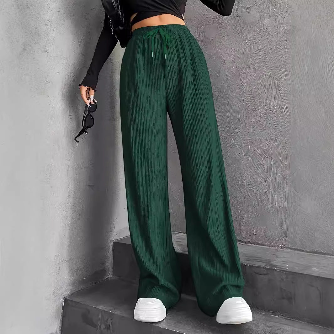 Spring Autumn Solid Color French Elastic Waist Thin Striped Road Comfortable Drawstring High Waist Drooping Wide Leg Casual Pants