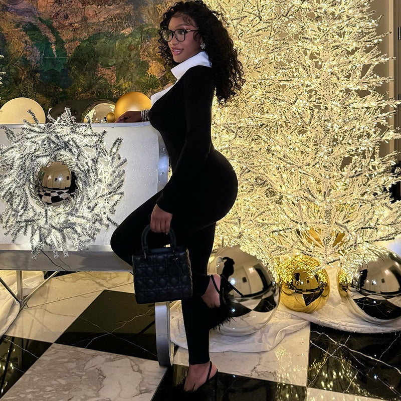 Elegant Women Clothing Sexy Tight Slimming Long Jumpsuit Long Sleeve Zipper White U Shaped Collar Jumpsuit