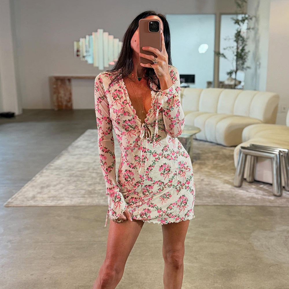 Spring Summer Retro Printed Deep V Plunge Women Sexy Slim Mesh Long Sleeve Lace up Dress
