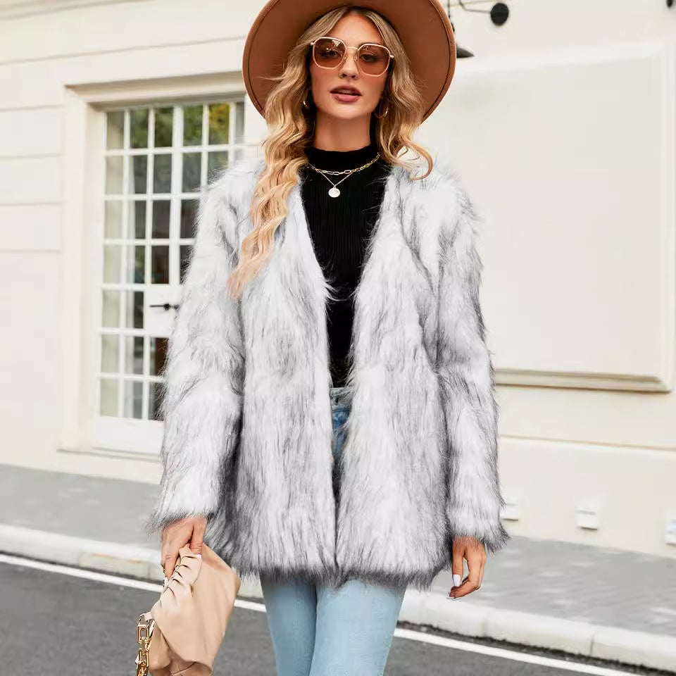 Women Casual Short V neck Women Faux Fur Coat Top Artificial Fur