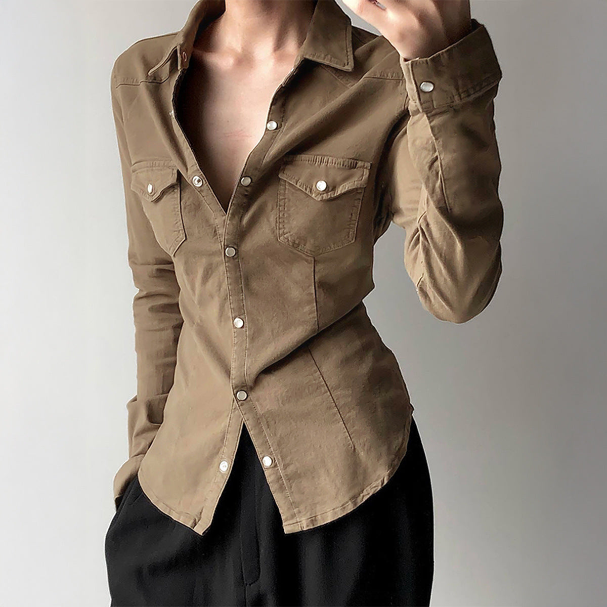 Minimalist Solid Color Long Sleeved Top Shirt Women Clothing Autumn Winter