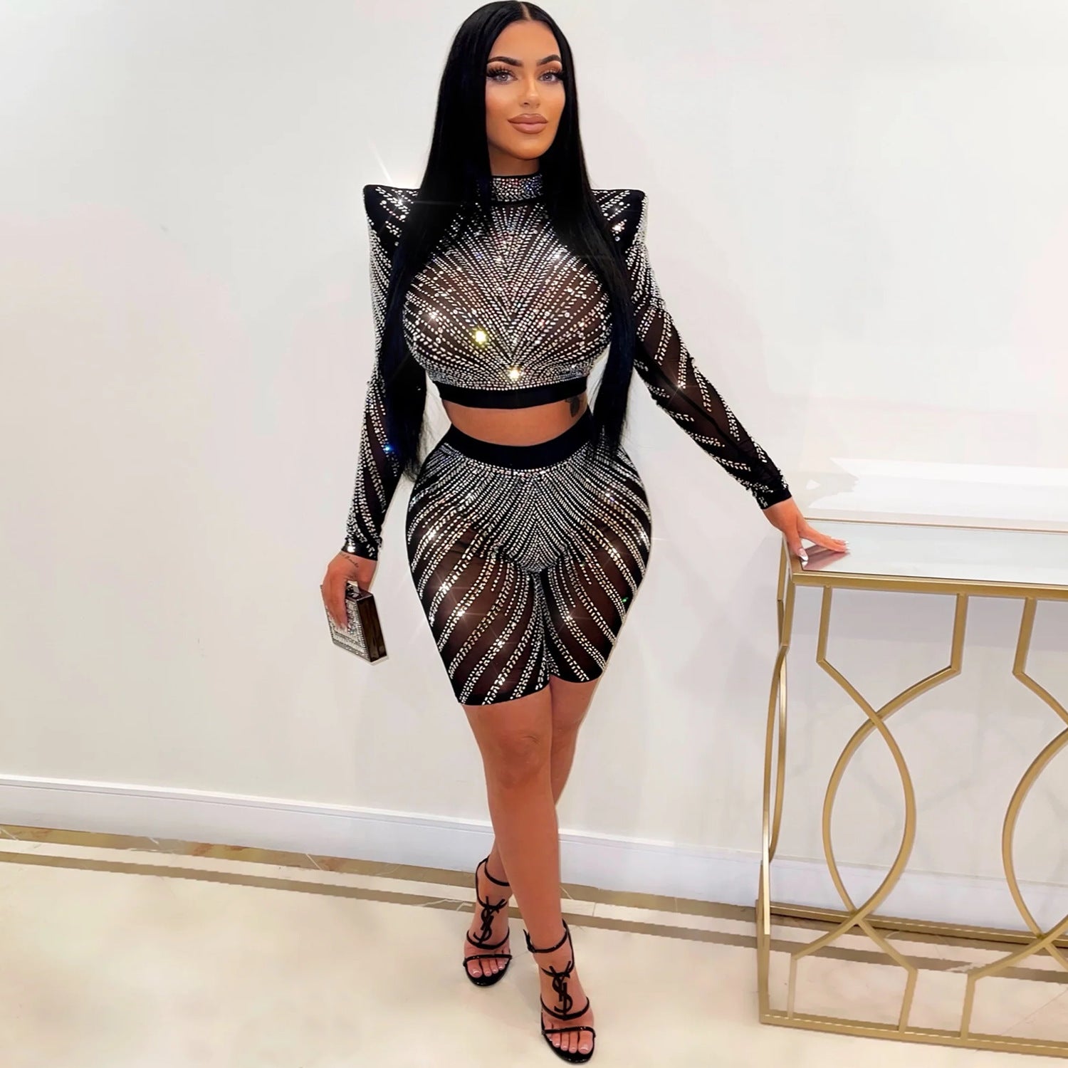 Summer Women Clothing Sexy Tight Mesh See through Long Sleeve Drilling Two Piece Set Rain Pants