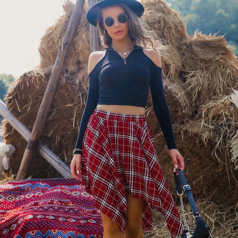 Falda asimétrica irregular con dobladillo negro y rejilla roja para mujer, estilo hip hop, estilo punk.