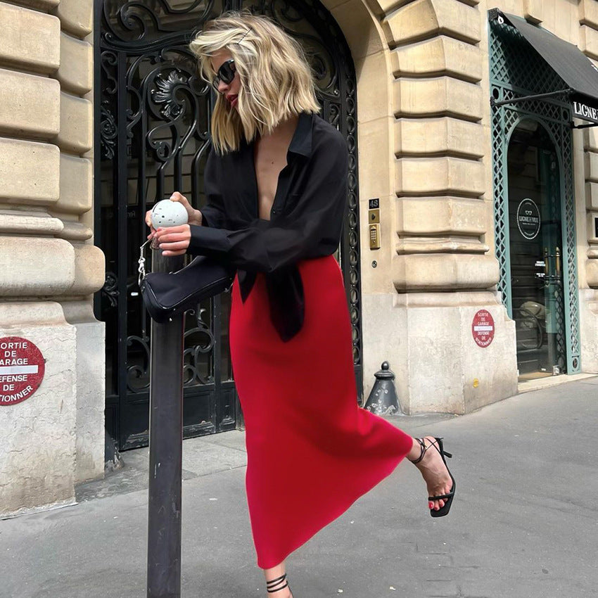 Red High Waist Fishtail Ankle High Skirt Thin Soft Matte Satin Skirt Autumn