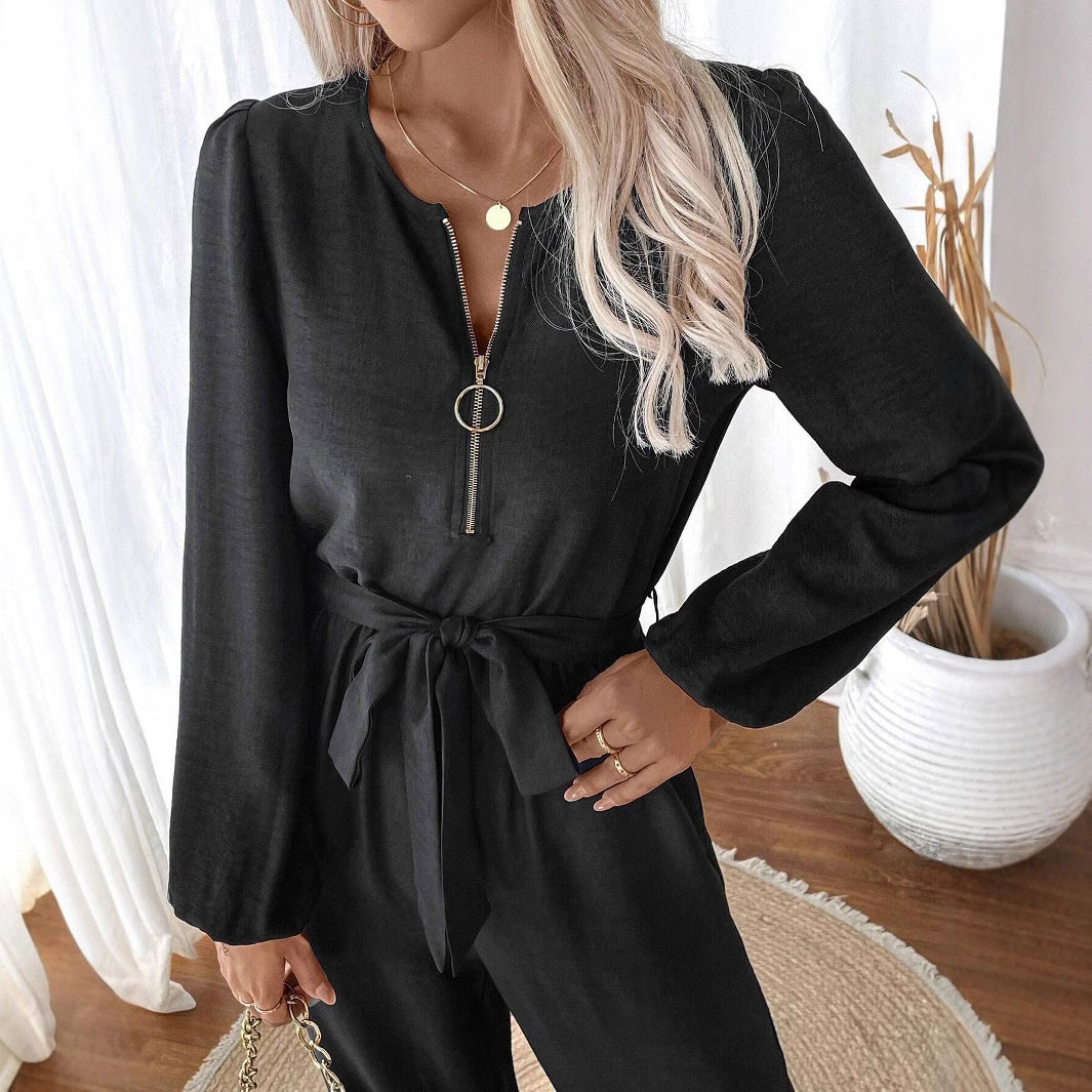 Women Clothing Casual Long Sleeved Jumpsuit Belt Straight Leg Pants Zipped round Neck Jumpsuit