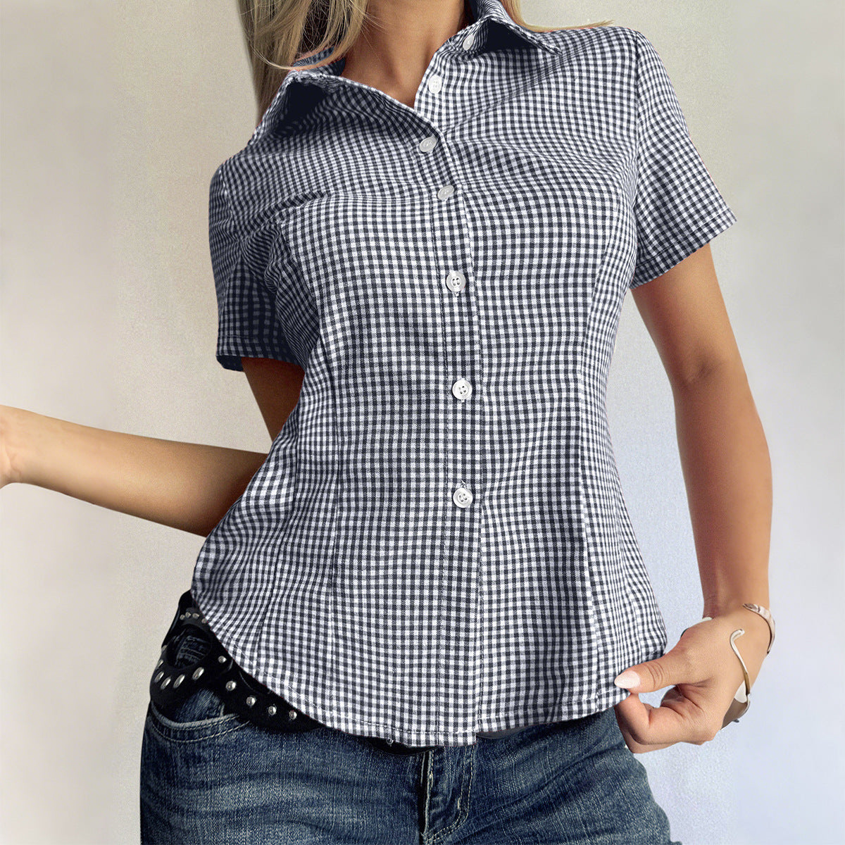 Casual Holiday Plaid Button Short Sleeved Blouse Women Clothing Autumn