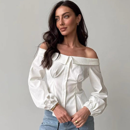 Spring French Sexy off Shoulder Collar off Shoulder Shirt Women Top