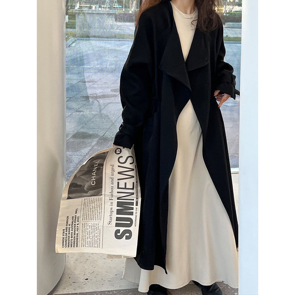 Chinese National below the Knee Trench Coat Women Mid Length Spring Drawstring Cotton Linen Coat