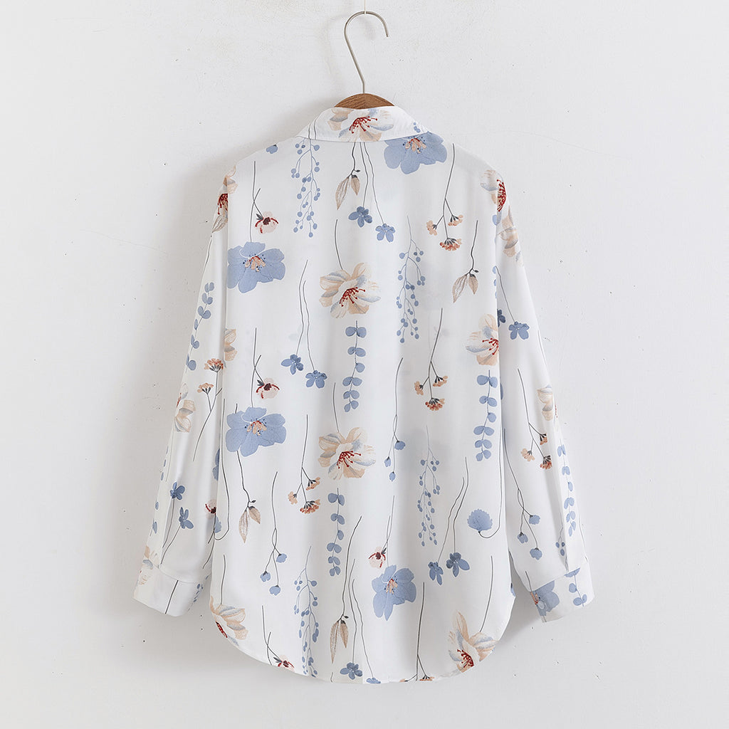 Women Floral Print Loose Collared Long Sleeves Shirt Top