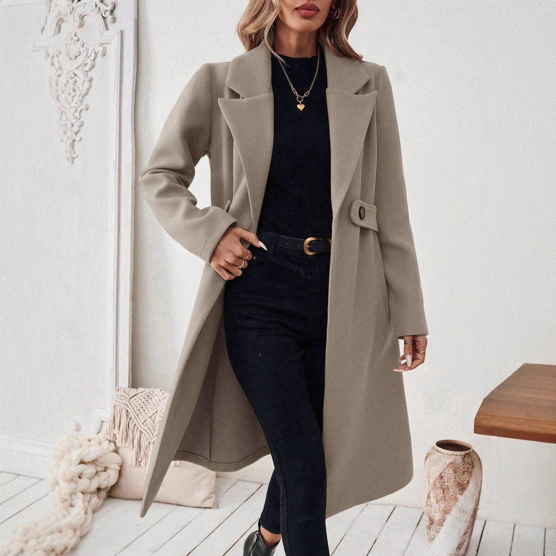 Autumn Winter Woolen Coat Long Collared Slim Fit Slimming Women Woolen Coat