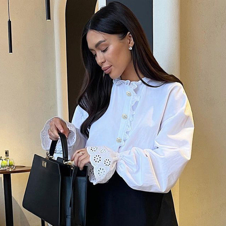 Stand Collar Diamond Ruffled Shirt Women Western All Matching White Shirt Top