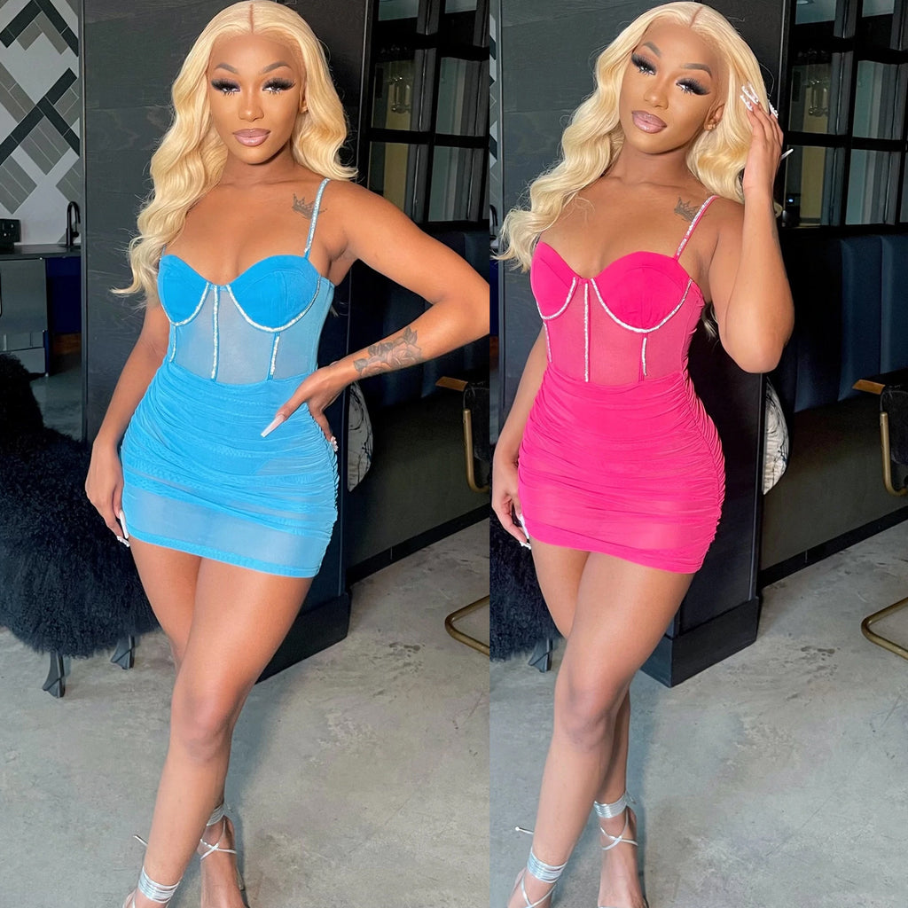 Summer Women Clothing Sexy Tight Mesh See through Diamond Embedded Pleated Cami Dress