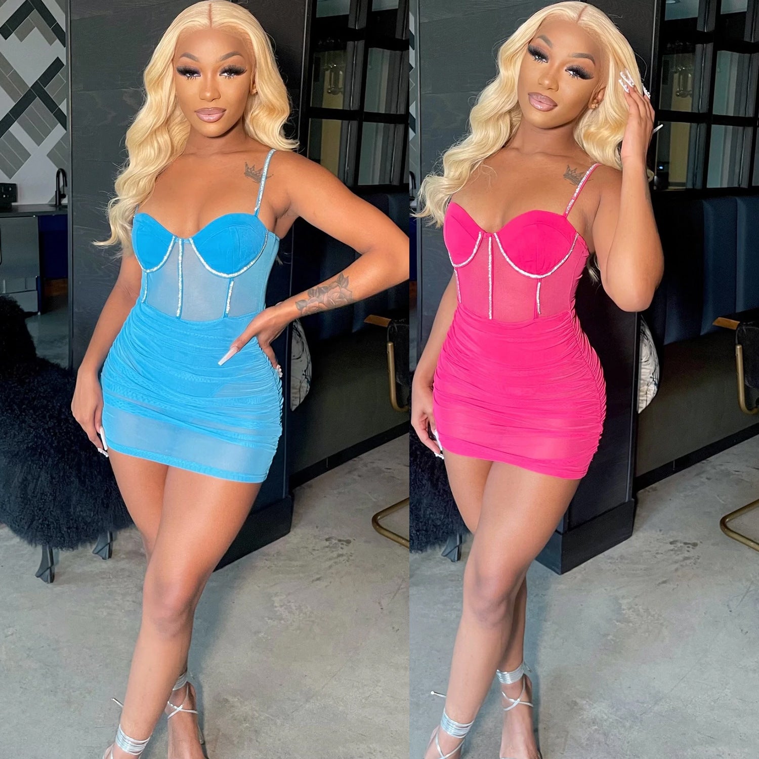 Summer Women Clothing Sexy Tight Mesh See through Diamond Embedded Pleated Cami Dress