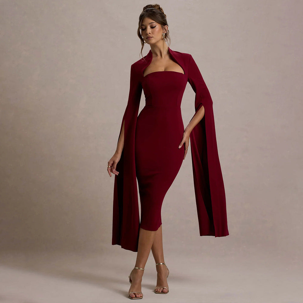 Women Elegant Dress Sexy Long Sleeve Split Ribbon Evening Dress Hollow Out Cutout out Midi Dress