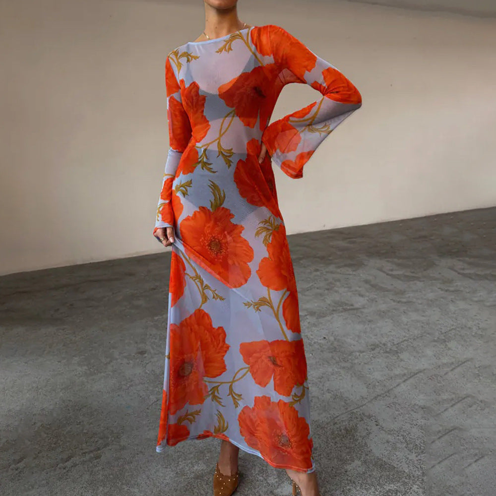 Sexy See through Mesh Floral Print Dress Lazy Casual Wild Dress