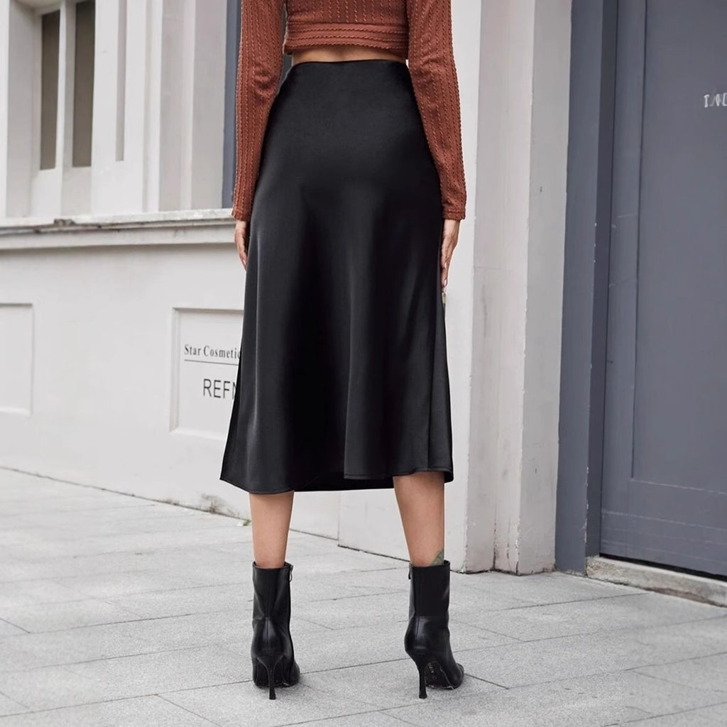 High Waist Satin Skirt Autumn Winter Women Midi Skirt Zipper Satin Skirt