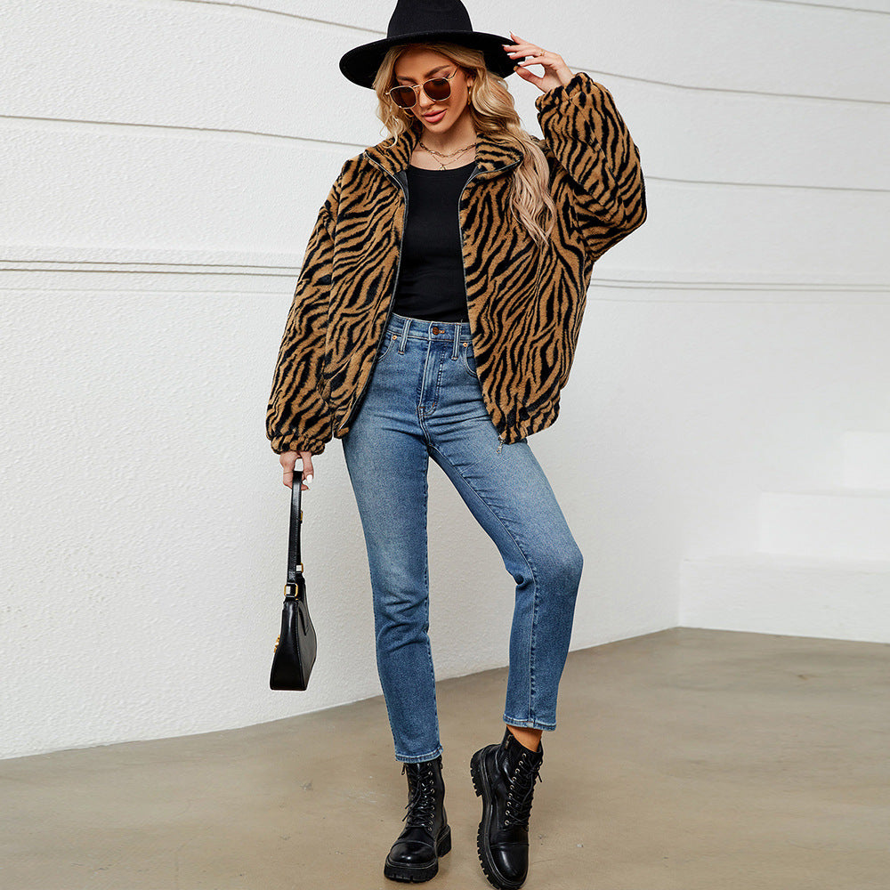 Zebra Pattern Plush Stand Collar Zipper Coat Faux Fur Coat Jacket