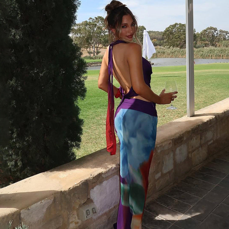 Women Clothing Summer Sexy Mesh Halterneck Vest Slim Fit Sheath Print Skirt Two Piece Set