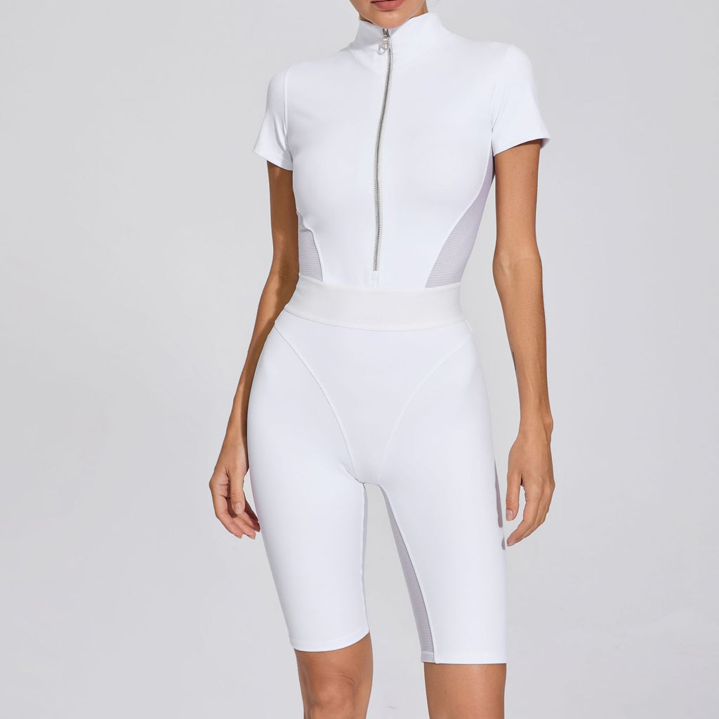 Tight Waist Open Collar Zipper Short Sleeve Yoga Jumpsuit Women Patchwork Fitness Tight Sports Jumpsuit